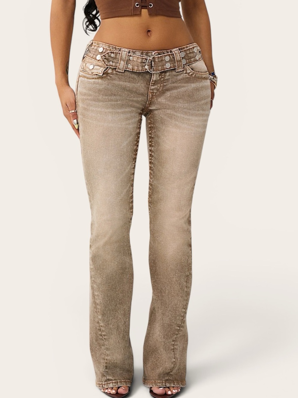 NWT True Religion Joey Low-Rise Belted Big T Flare Jeans Size 25